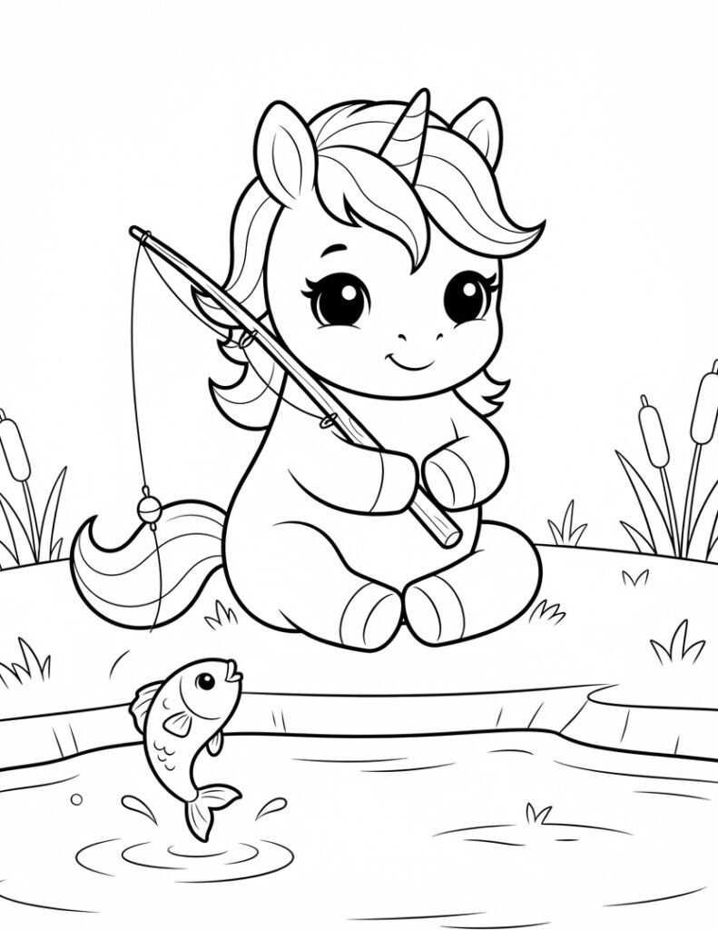 Dibujos de Unicornios Kawaii pescando
